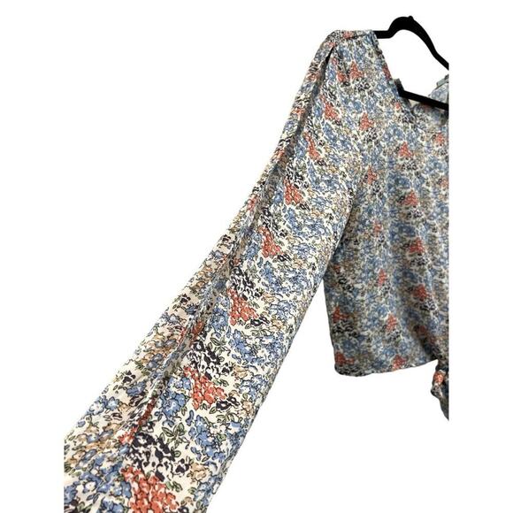 Moral Fiber Blouse Top Shirt Size XL Floral Tie front Ballon Sleeve open slit on - Picture 5 of 11